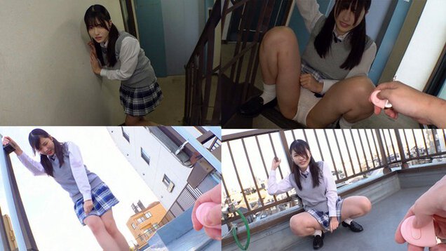 制服姿の女性が階段や屋上でしゃがみ、手前からピンクのローターを向けられる