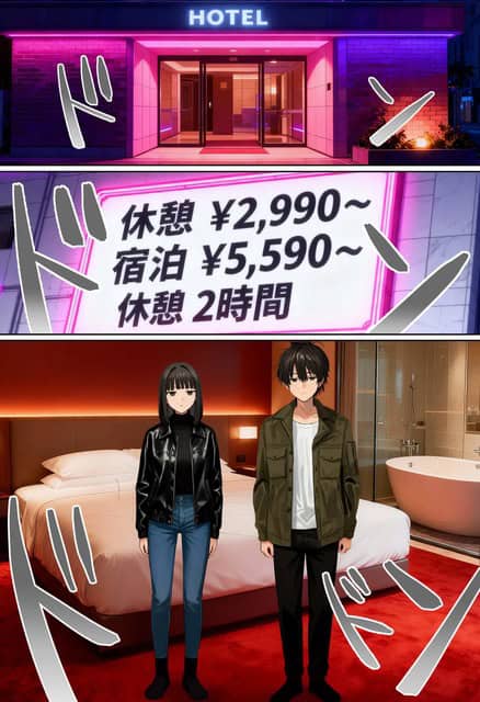 休憩と宿泊の料金看板があるホテルに入り、室内で女性と男性がベッド前に立つ